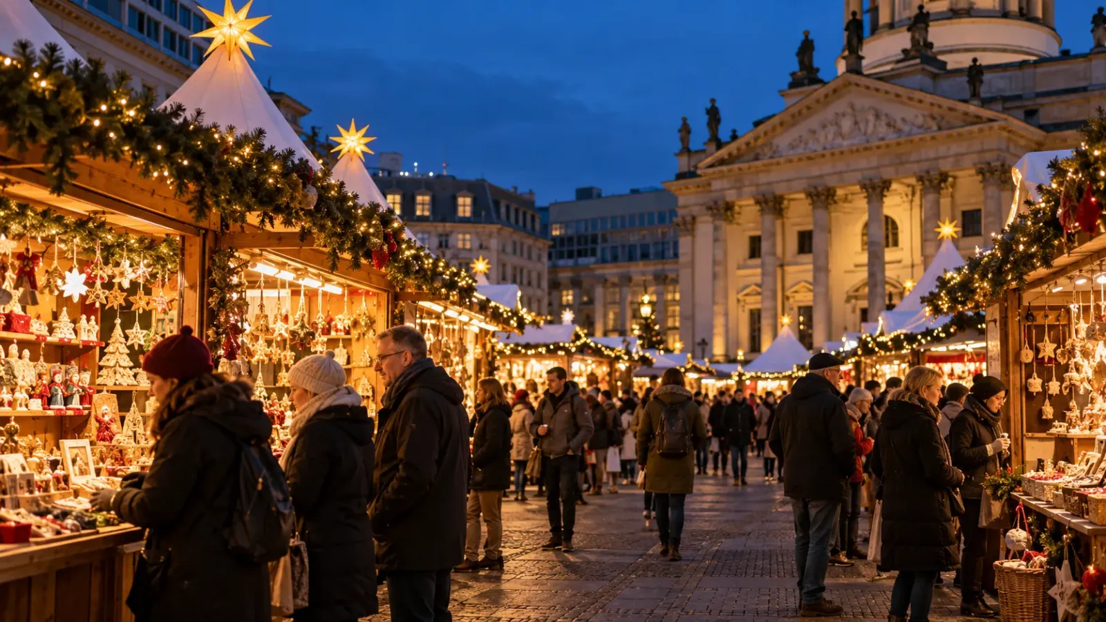 Chợ WeihnachtsZauber tại Gendarmenmarkt Berlin với gian hàng và kiến trúc quảng trường