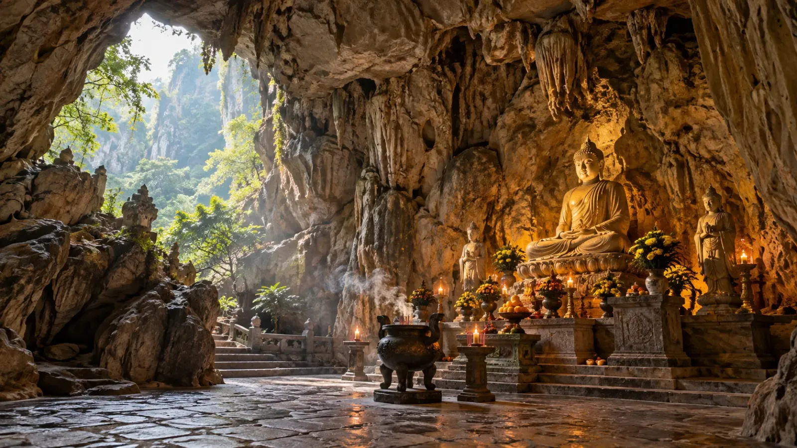 Không gian Chùa Thạch Long trong hang đá tại xã Tân Kỳ