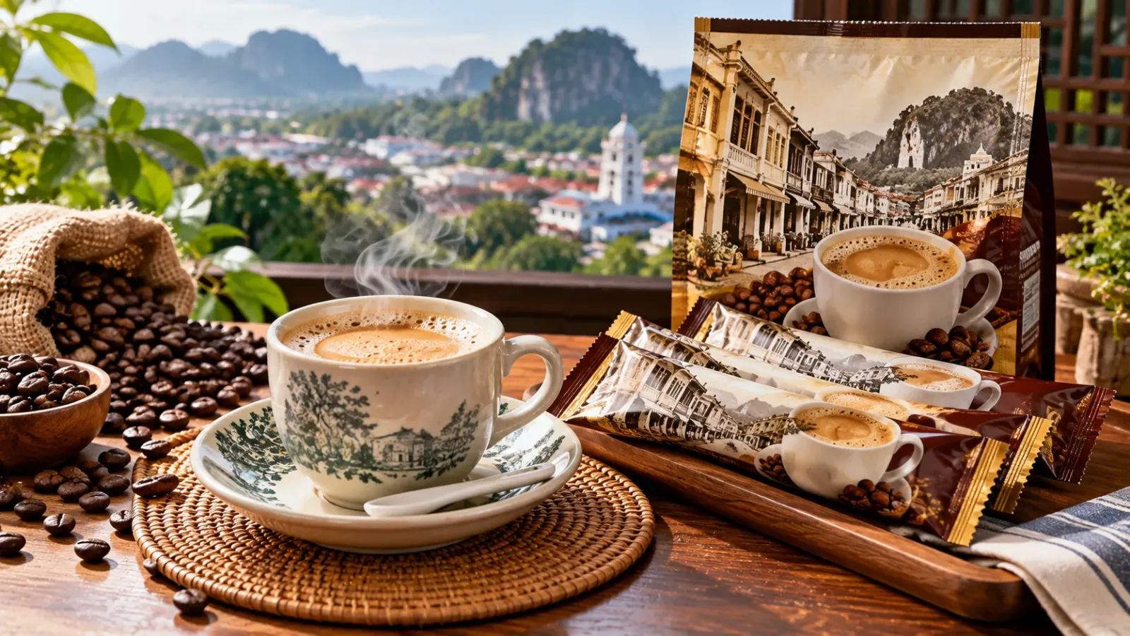 Cốc cà phê trắng Ipoh Malaysia và những gói cà phê hòa tan dùng làm quà