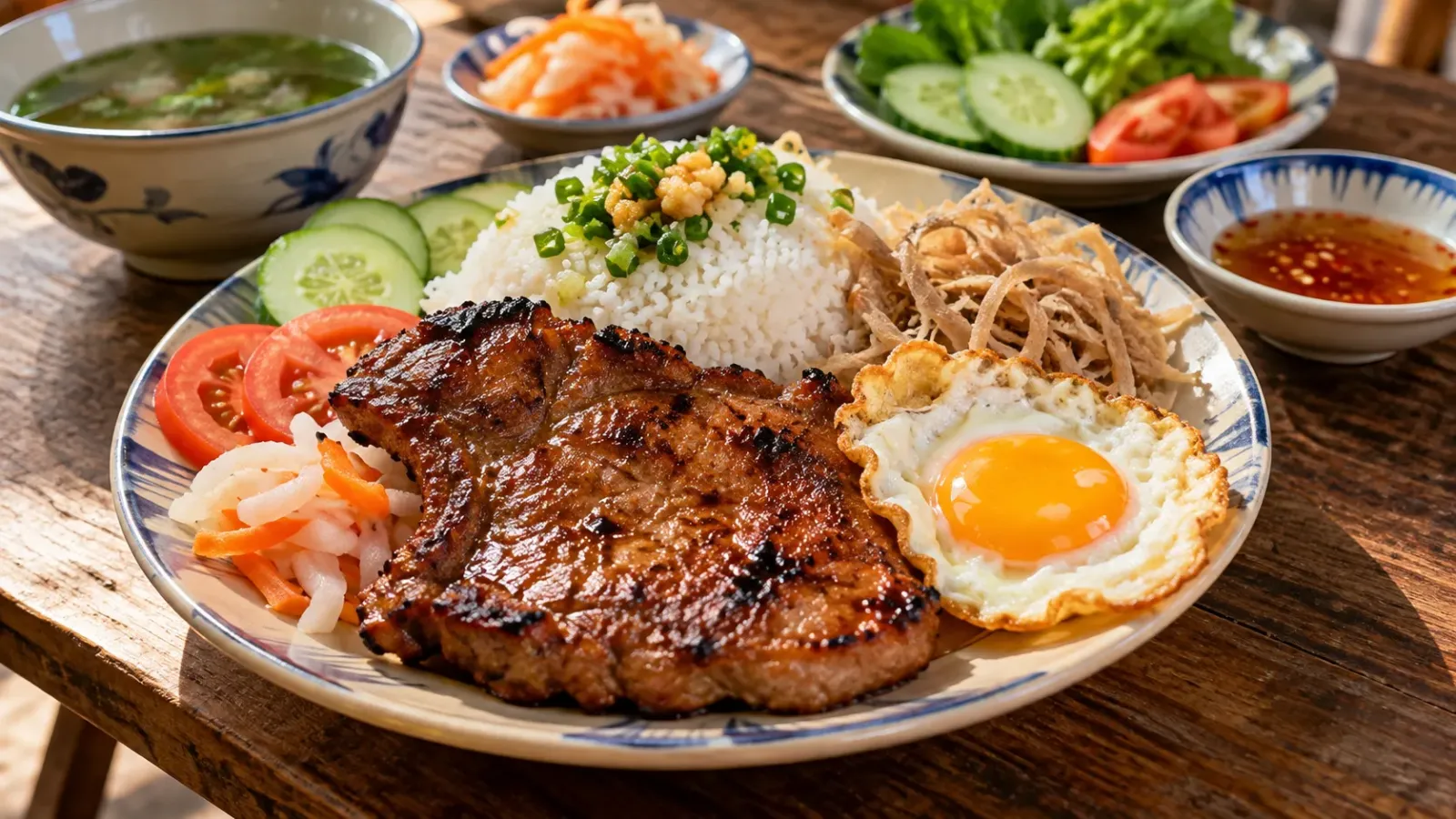 Phần cơm tấm Long Xuyên với thịt trứng bì và các món ăn kèm