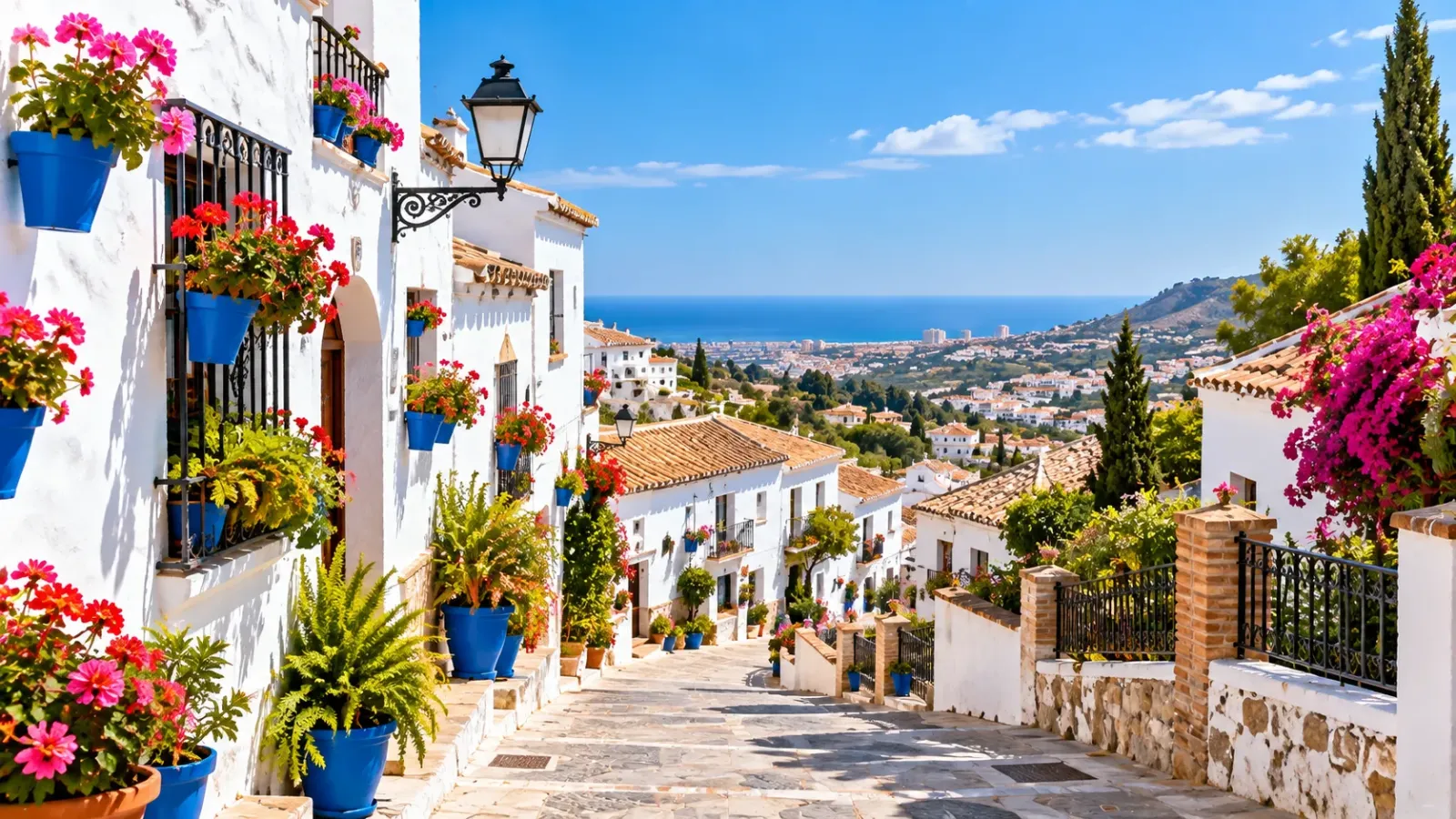 Con đường lát đá với những ngôi nhà trắng và chậu hoa tại làng Mijas Pueblo