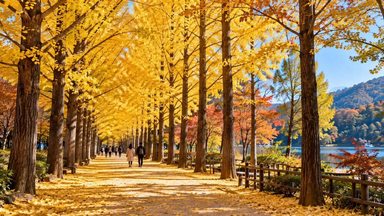 Con đường với những hàng cây ngân hạnh và cây lá vàng trên đảo Nami Hàn Quốc vào mùa thu.