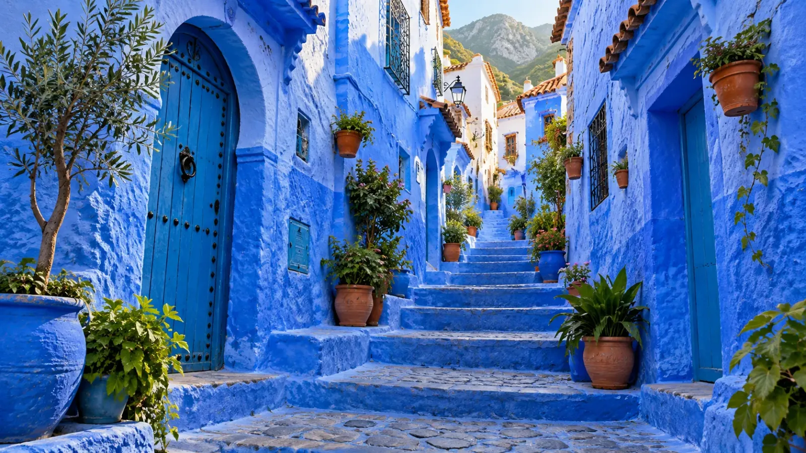 Con hẻm với những bức tường và bậc thang xanh lam tại Chefchaouen Maroc