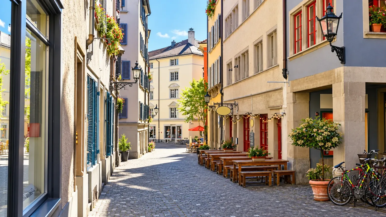 Con phố lát đá với những ngôi nhà cổ tại khu phố cổ Zurich Thụy Sĩ