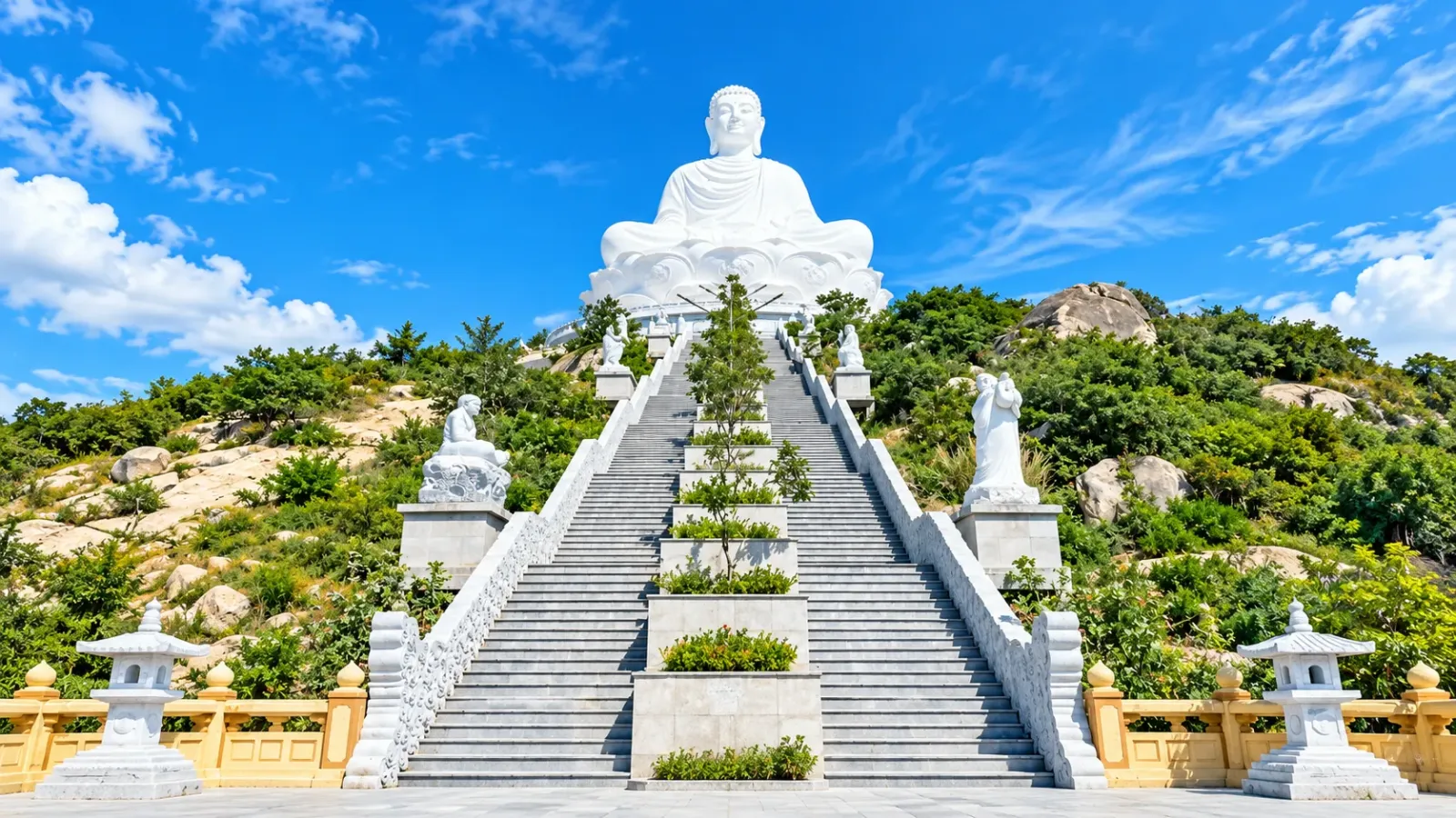 Công trình chùa Ông Núi Linh Phong với tượng Phật và cảnh quan núi tại vùng Phù Cát