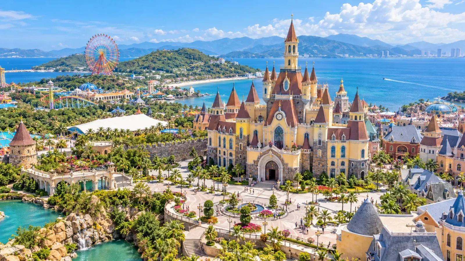 Công trình lâu đài và cảnh quan khu vui chơi VinWonders Nha Trang trên đảo Hòn Tre.