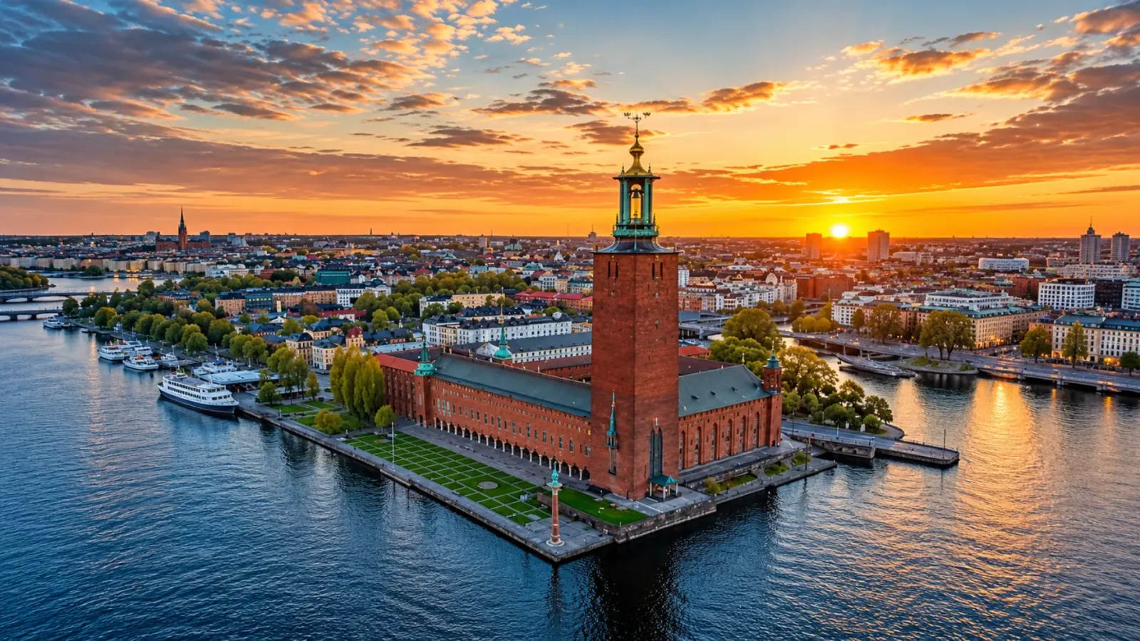 Công trình Tòa thị chính Stockholm với kiến trúc gạch đặc trưng bên mặt nước