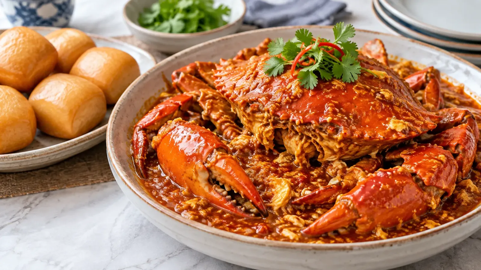 Cua sốt ớt chilli crab Singapore phủ nước sốt đỏ cam và ăn kèm bánh mantou.