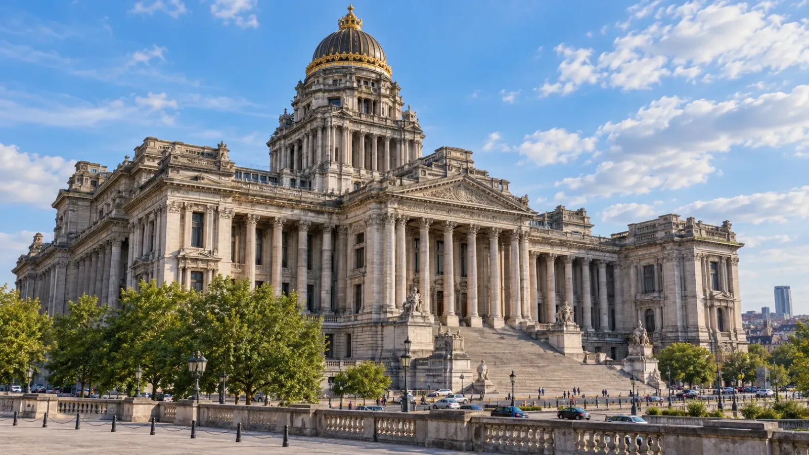 Cung điện Công lý Palais de Justice tại Brussels với mái vòm và mặt tiền kiến trúc đồ sộ.
