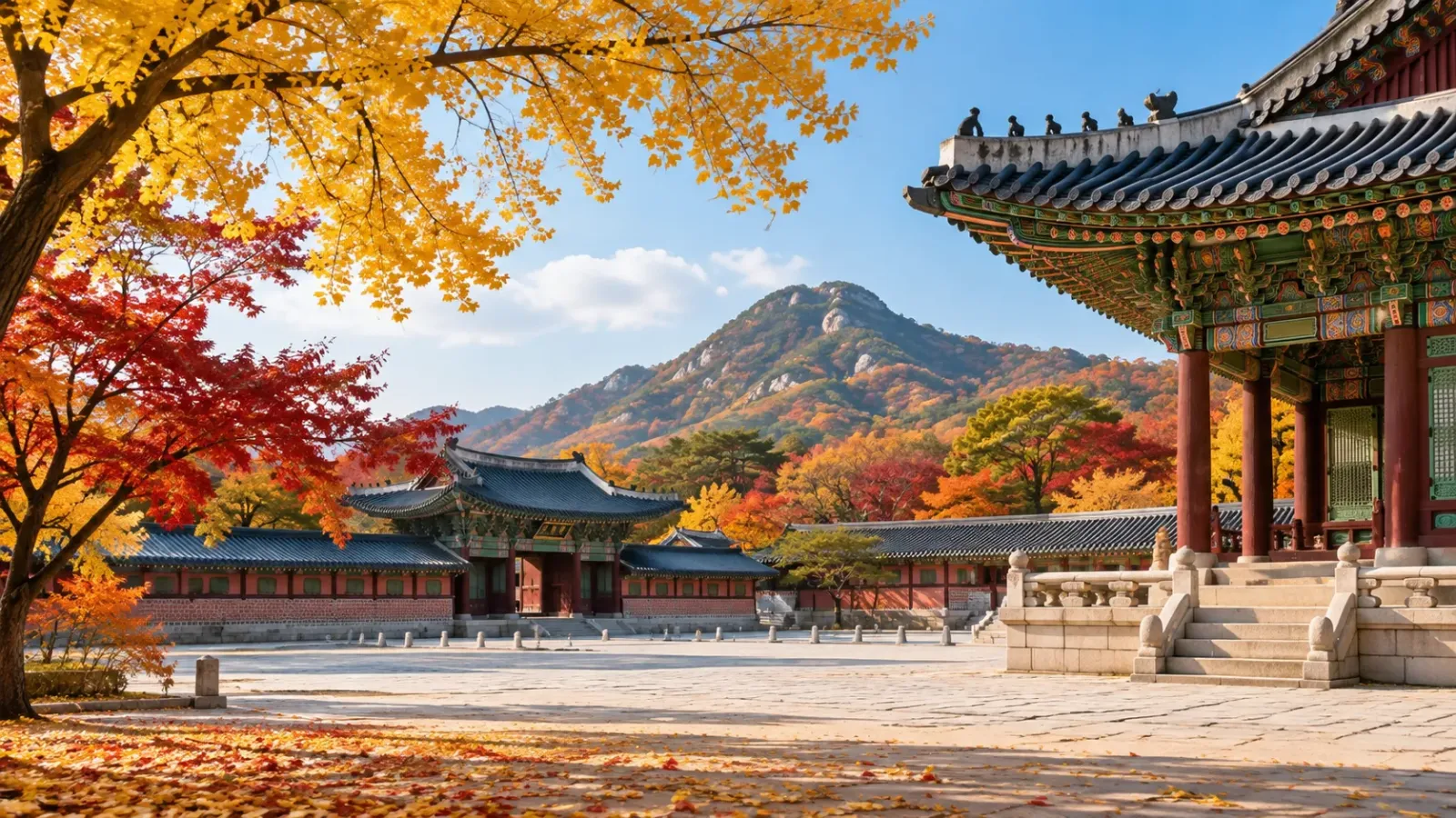 Cung điện Gyeongbokgung tại Seoul với cây lá vàng đỏ vào mùa thu