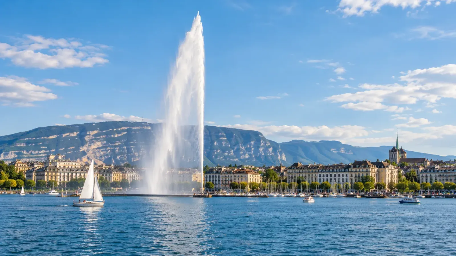 Đài phun nước Jet d'Eau đang hoạt động trên hồ Léman tại Geneva Thụy Sĩ