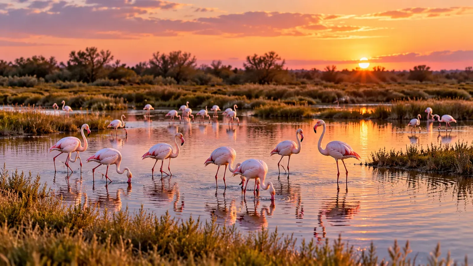Đàn chim hồng hạc tại vùng đất ngập nước Camargue ở miền Nam nước Pháp