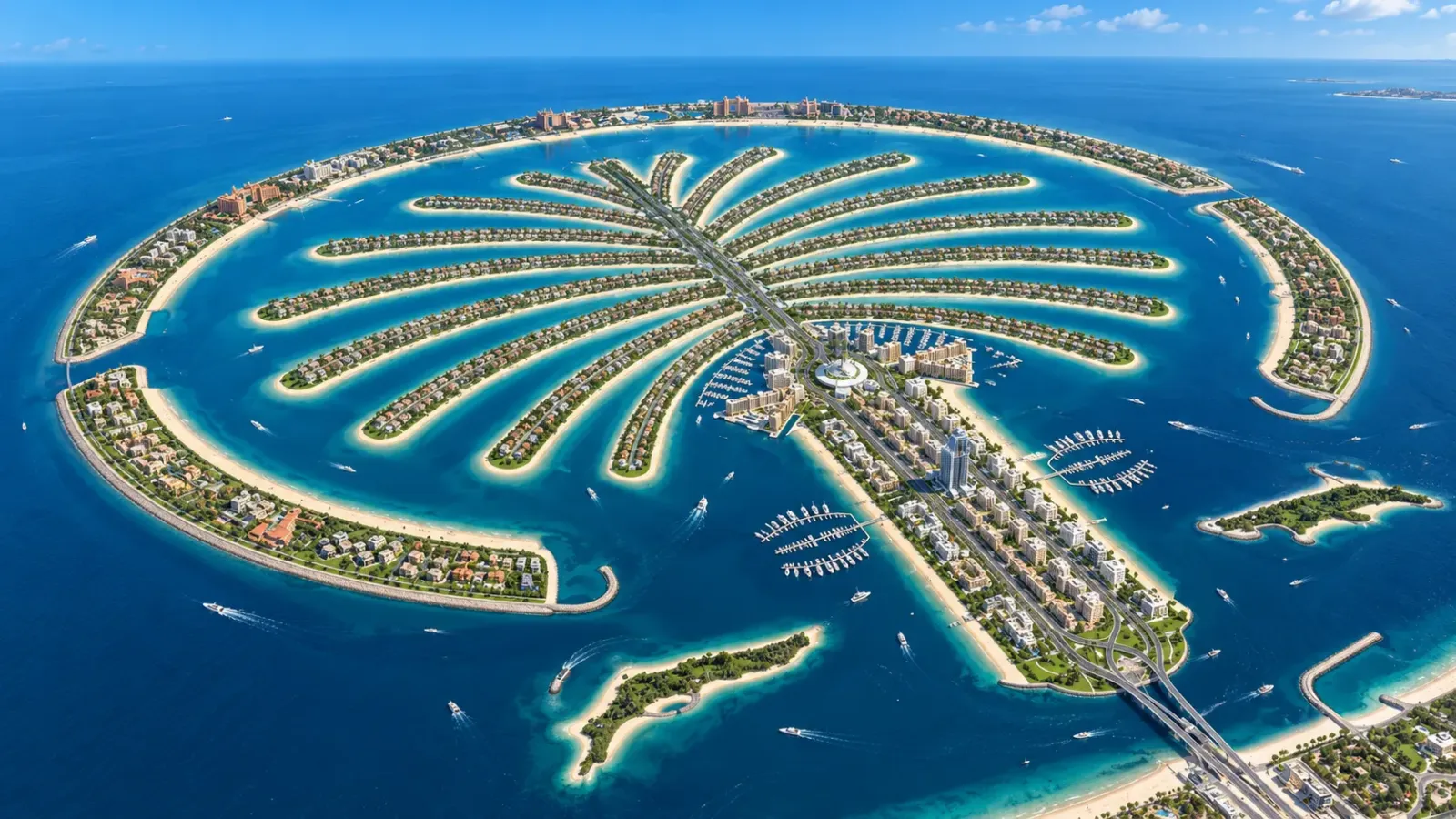 Đảo nhân tạo Palm Jumeirah với các công trình ven biển tại Dubai.