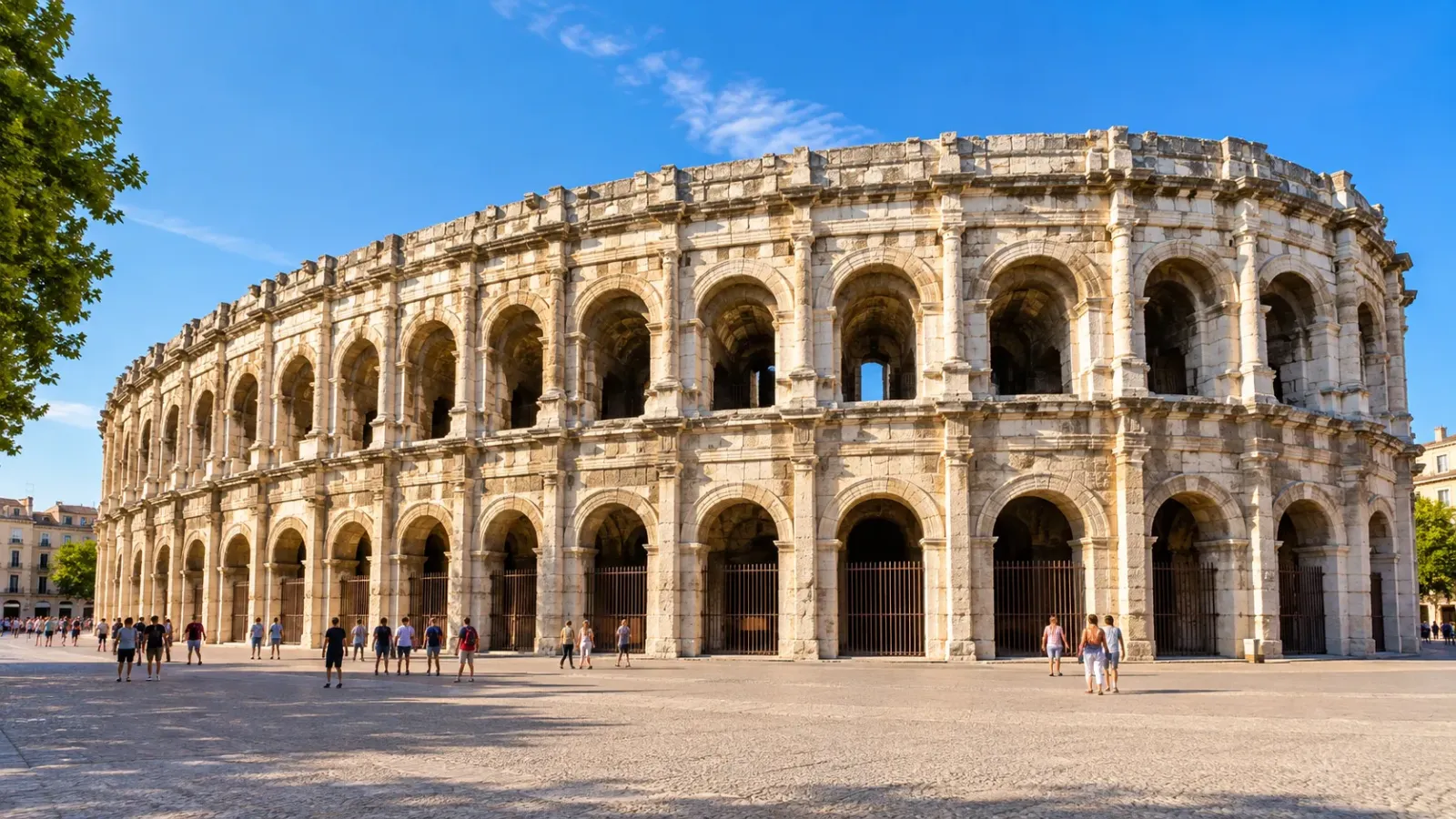 Đấu trường La Mã Arènes de Nîmes tại miền Nam nước Pháp với các tầng vòm đá cổ.