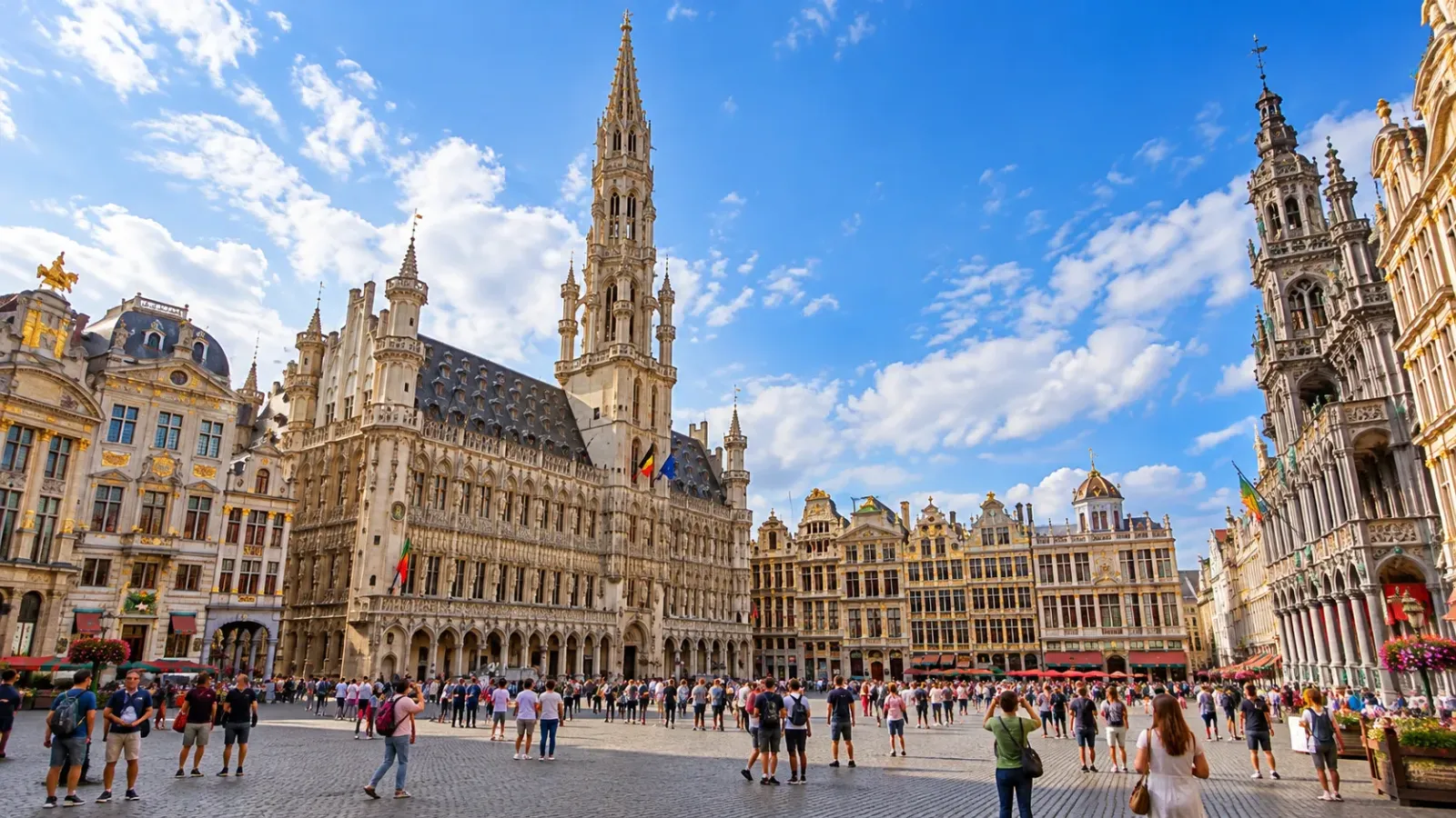 Dãy công trình kiến trúc cổ và du khách tại quảng trường Grand-Place ở Brussels, Bỉ