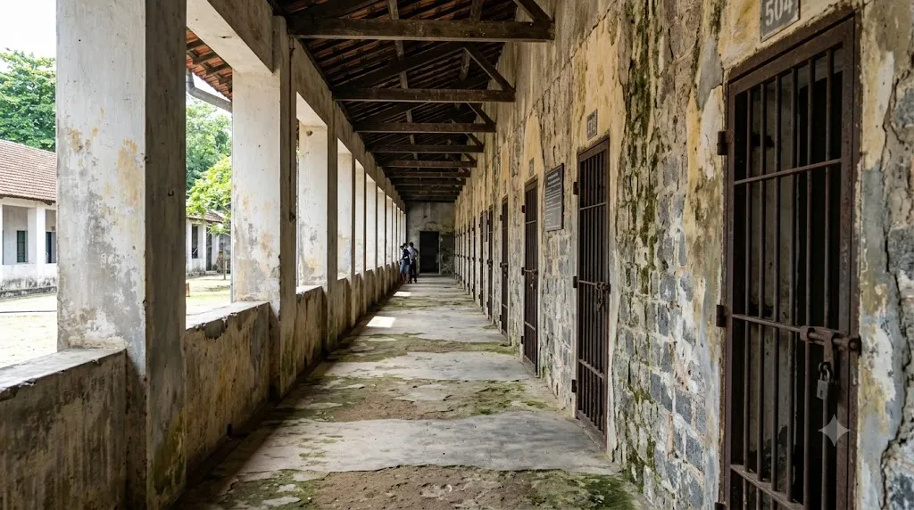 Dãy hành lang và các ô cửa tại khu di tích lịch sử Nhà tù Côn Đảo.