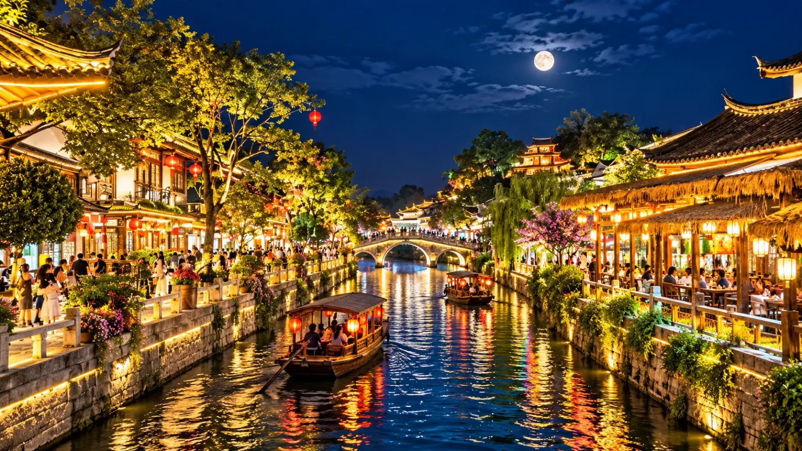 Dãy nhà kiến trúc truyền thống ven sông và thuyền tham quan trong cảnh đêm