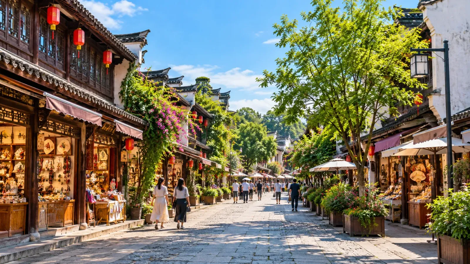 Dãy nhà mang kiến trúc truyền thống và các cửa hàng trên phố Qinghefang tại Hàng Châu Trung Quốc