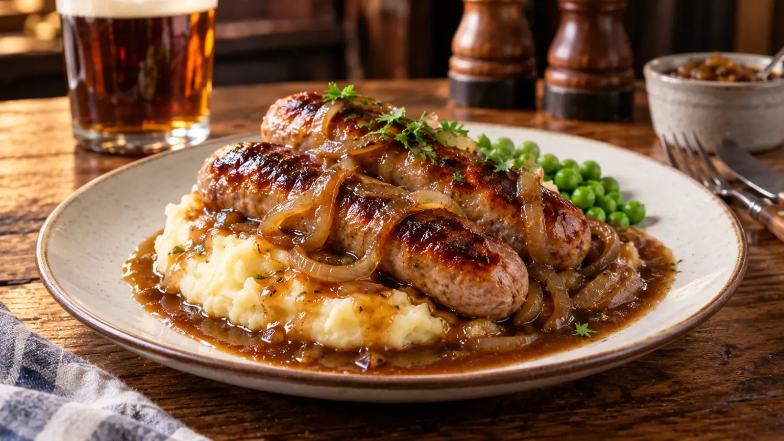 Đĩa Bangers and mash với xúc xích, khoai tây nghiền và nước sốt hành tây kiểu Anh