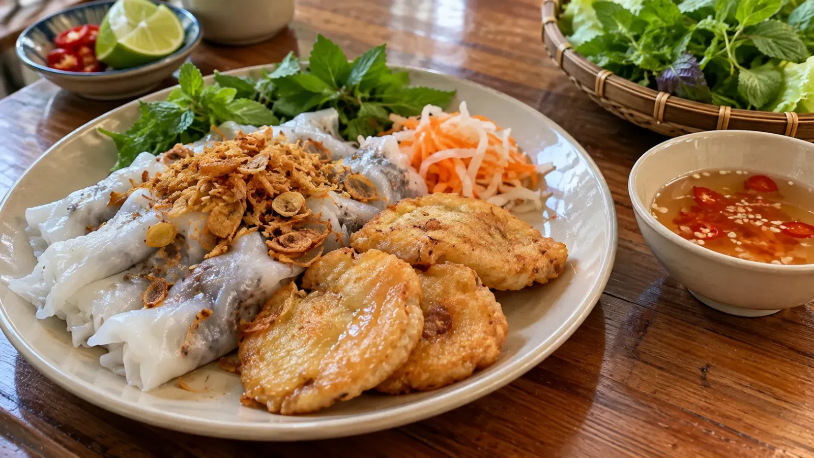 Đĩa bánh cuốn ăn kèm chả mực Hạ Long và nước chấm