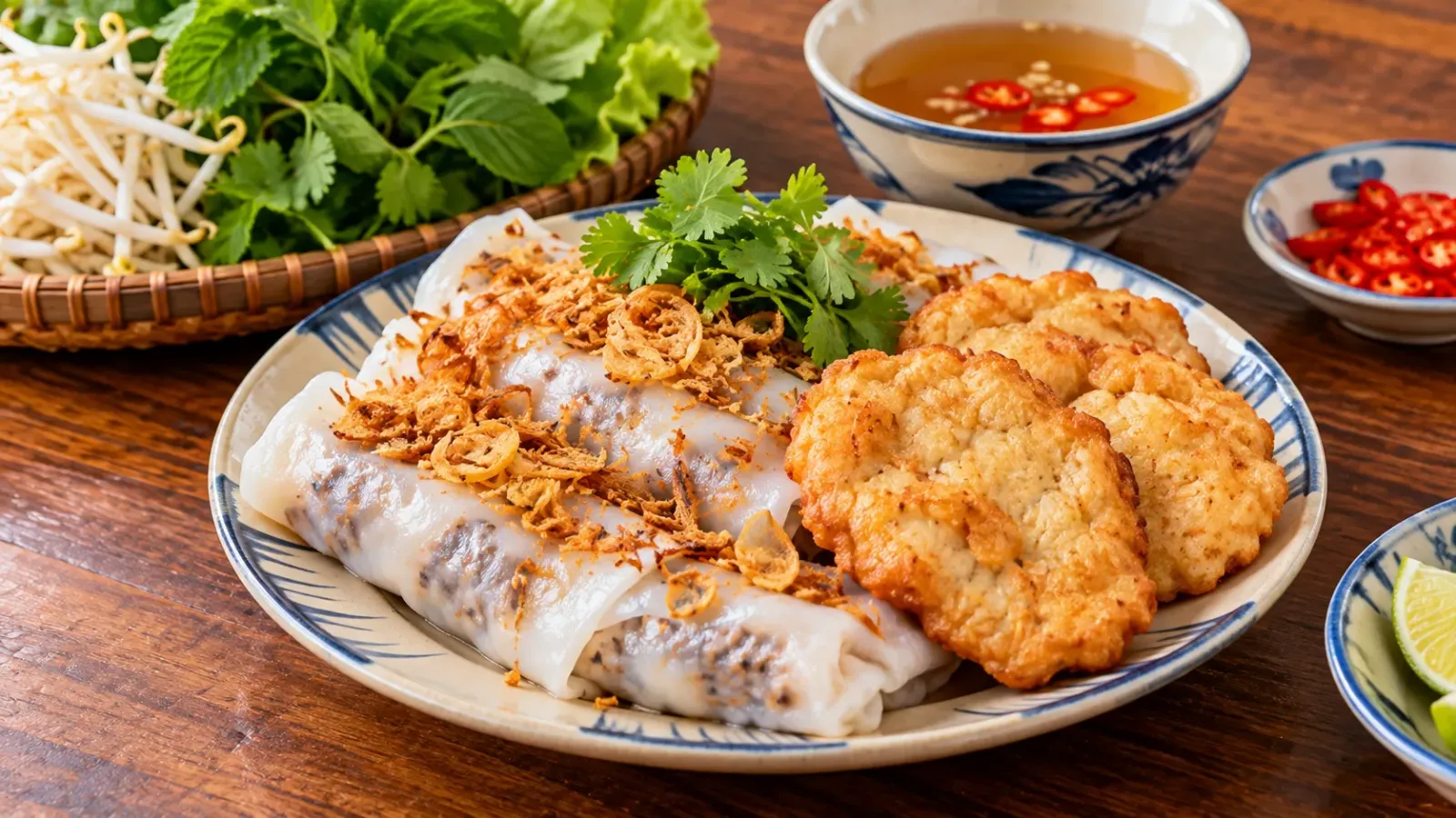 Đĩa bánh cuốn ăn kèm chả mực vàng giòn là món đặc sản Hạ Long