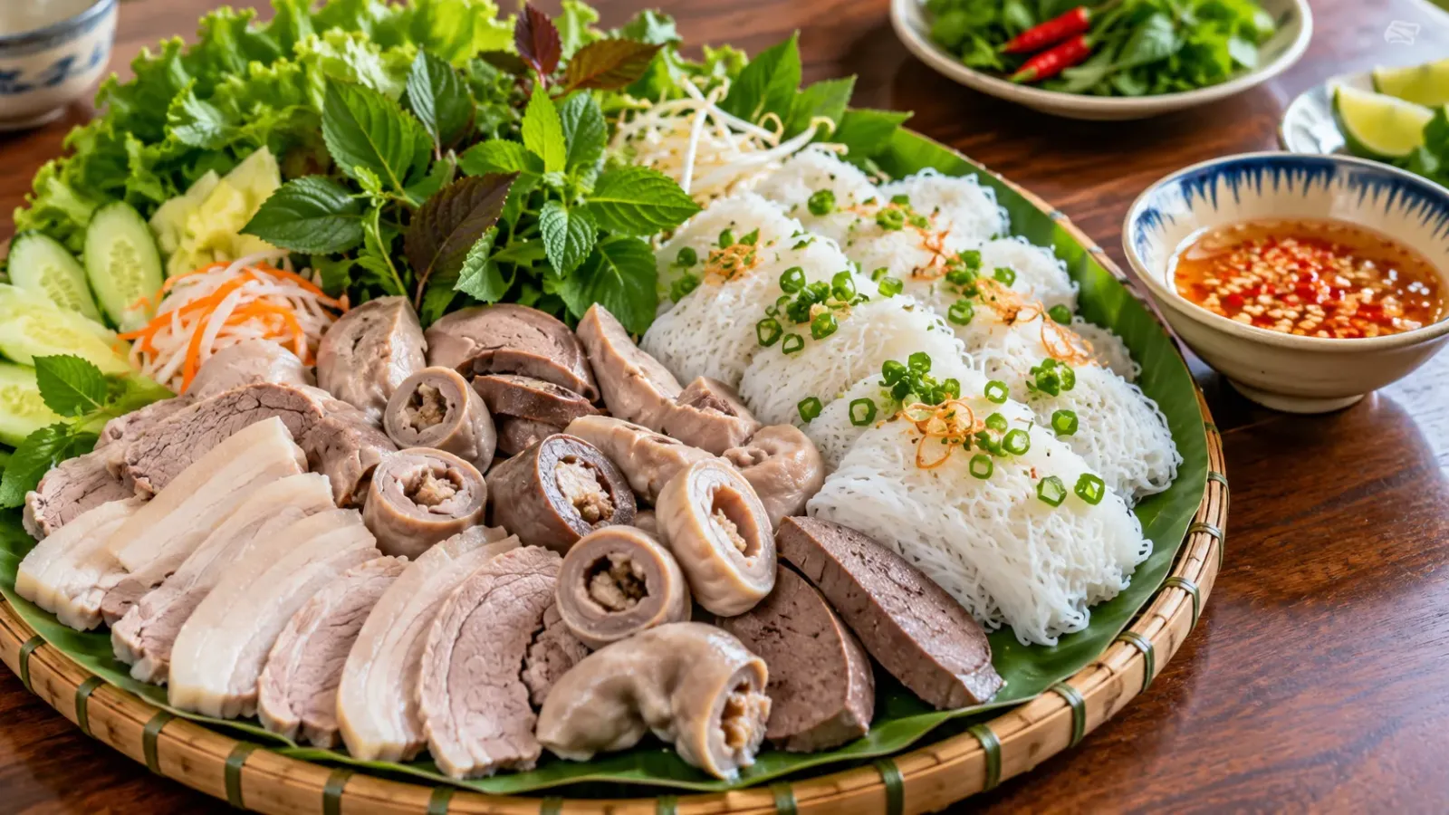 Đĩa bánh hỏi lòng heo với bánh hỏi trắng, thịt và lòng heo ăn kèm rau cùng nước chấm.