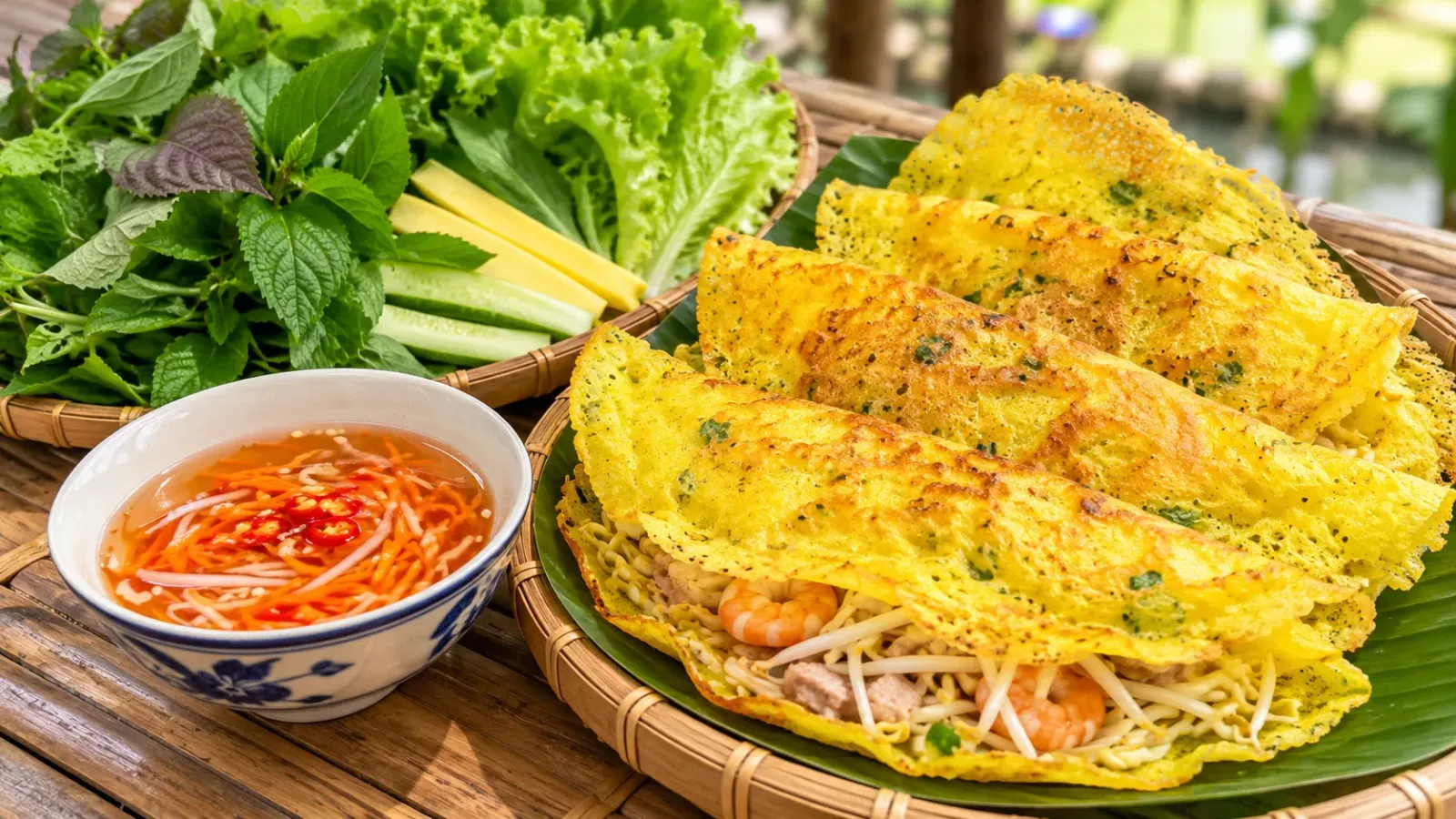 Đĩa bánh xèo Miền Tây vàng giòn ăn kèm rau sống và nước chấm