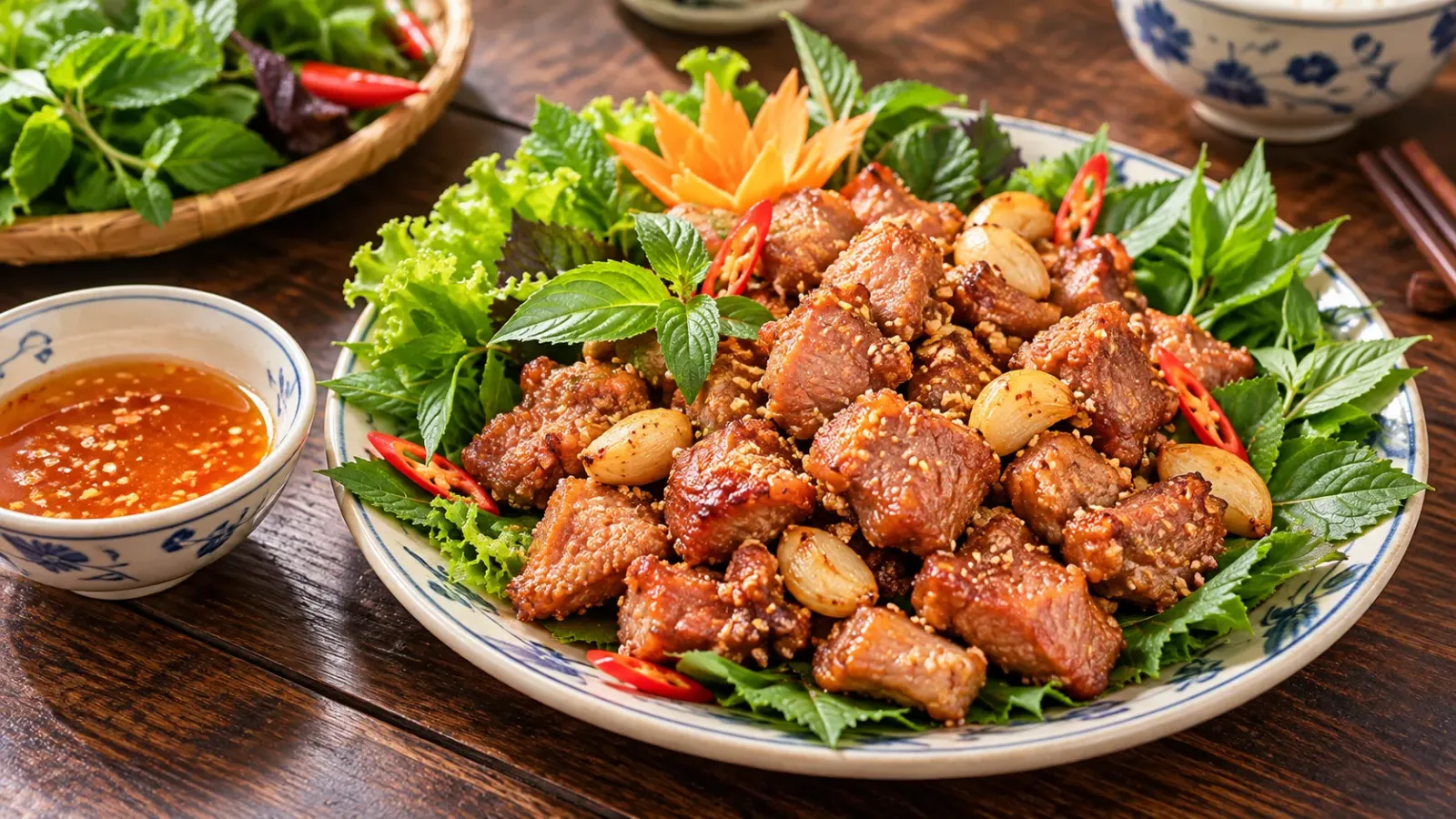Đĩa bê chao vàng thơm ăn kèm rau và nước chấm tại Mộc Châu