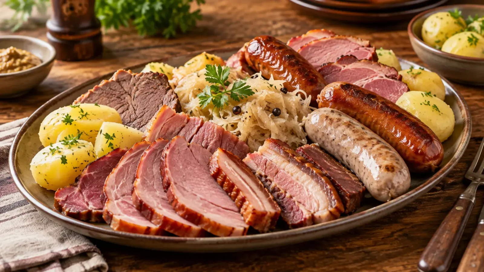 Đĩa Berner Platte với các loại thịt thái lát, xúc xích và khoai tây luộc
