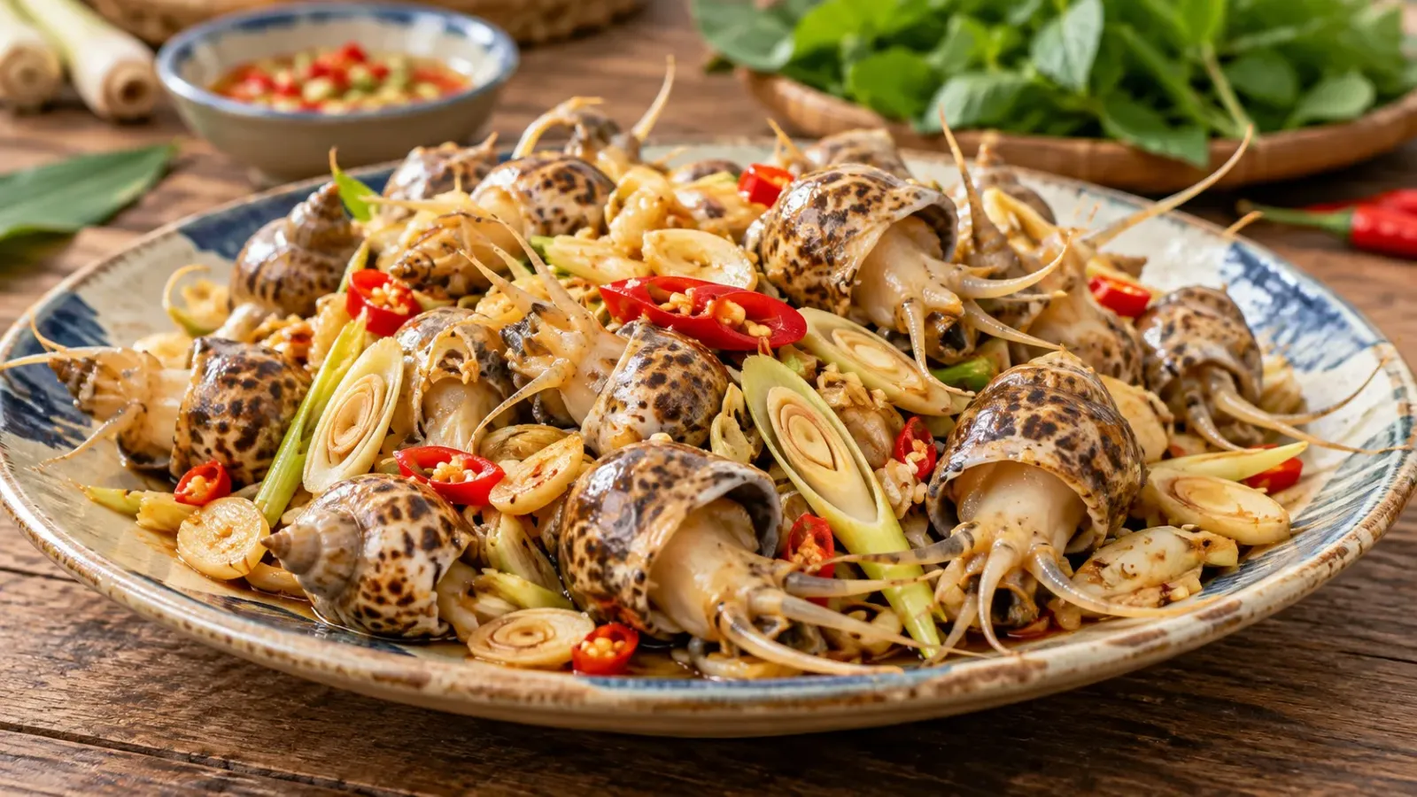 Đĩa cà xỉu chế biến cùng sả và ớt với phần vỏ và râu đặc trưng