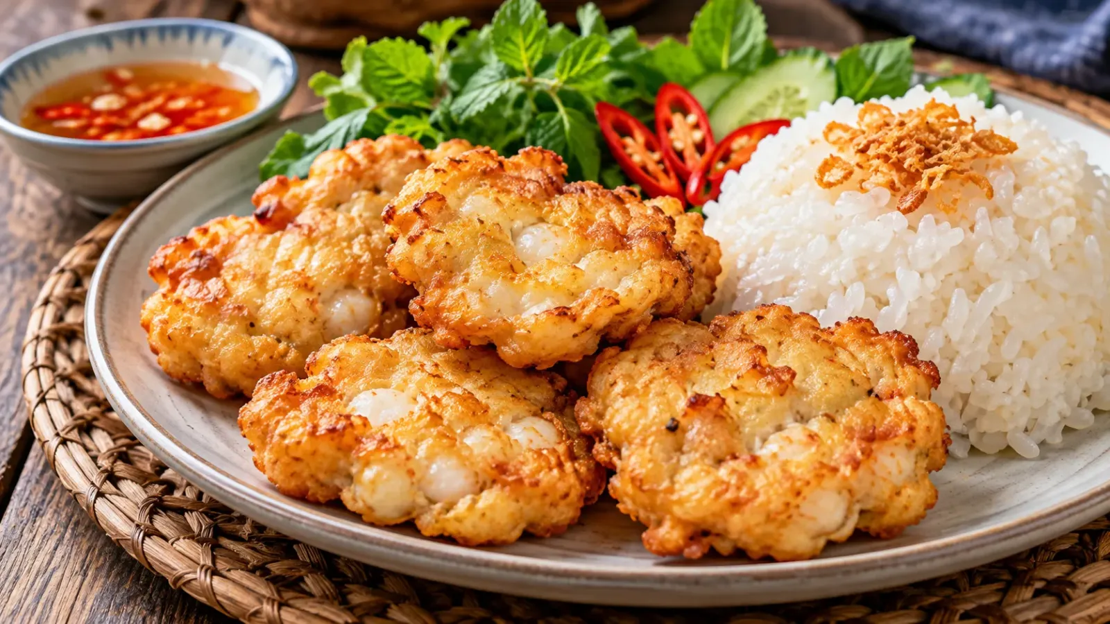 Đĩa chả mực Hạ Long chiên vàng dùng kèm xôi trắng