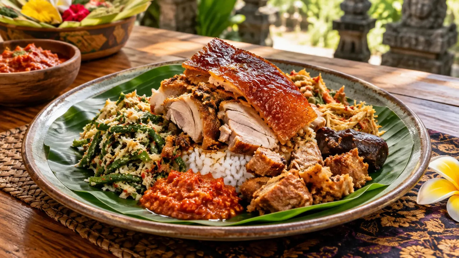 Đĩa cơm Babi Guling Bali với thịt heo quay, da giòn và các món rau ăn kèm