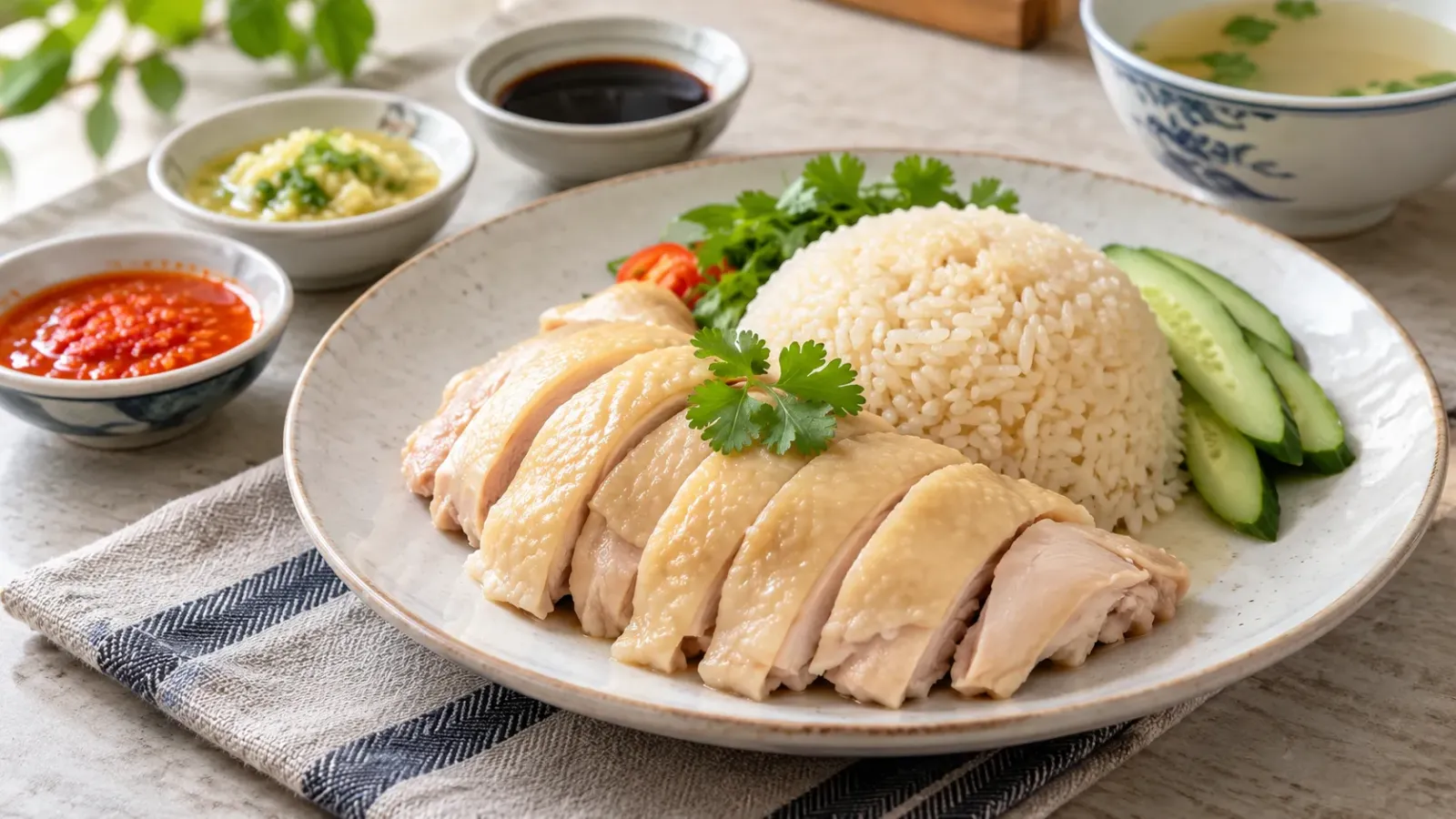 Đĩa cơm gà Hải Nam Singapore với gà luộc thái lát, cơm thơm và các loại nước chấm.