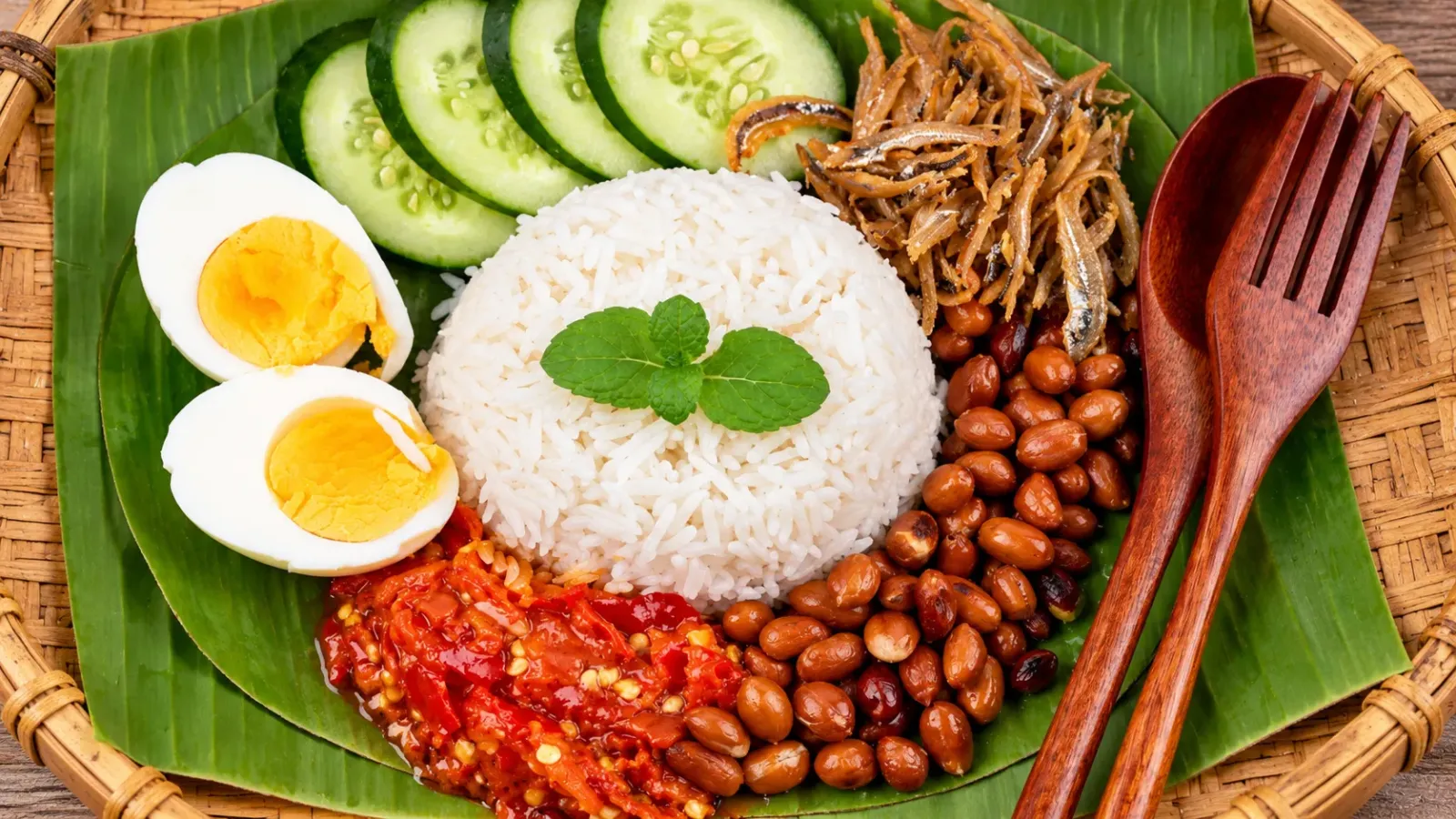 Đĩa cơm Nasi Lemak Malaysia với sambal cá cơm chiên đậu phộng trứng và dưa chuột
