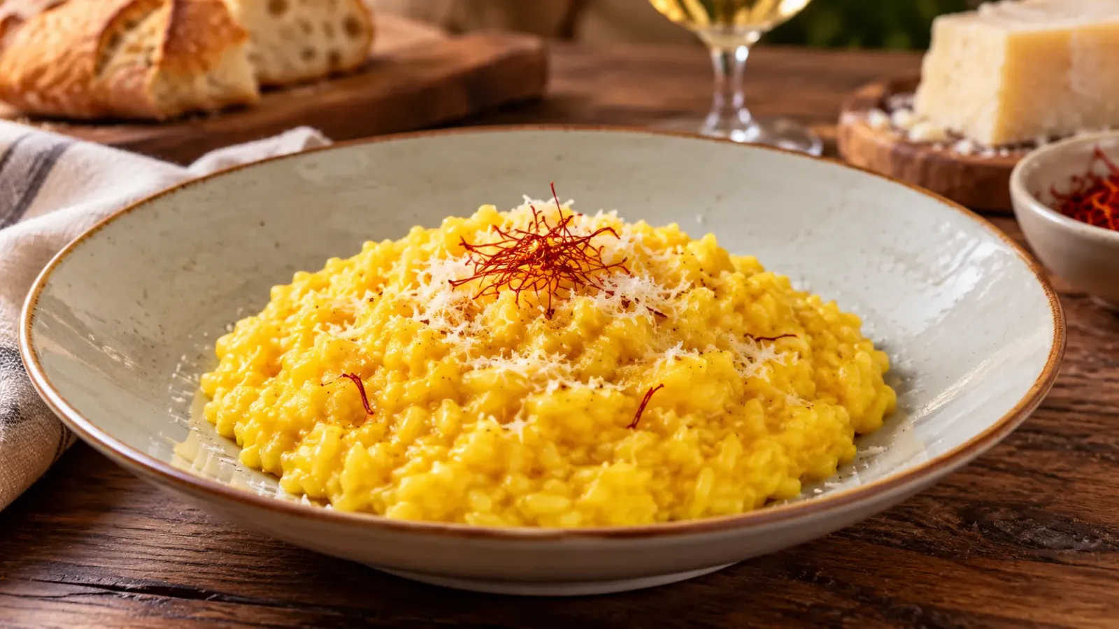 Đĩa cơm Risotto alla Milanese màu vàng nghệ tây được phục vụ tại nhà hàng Ý