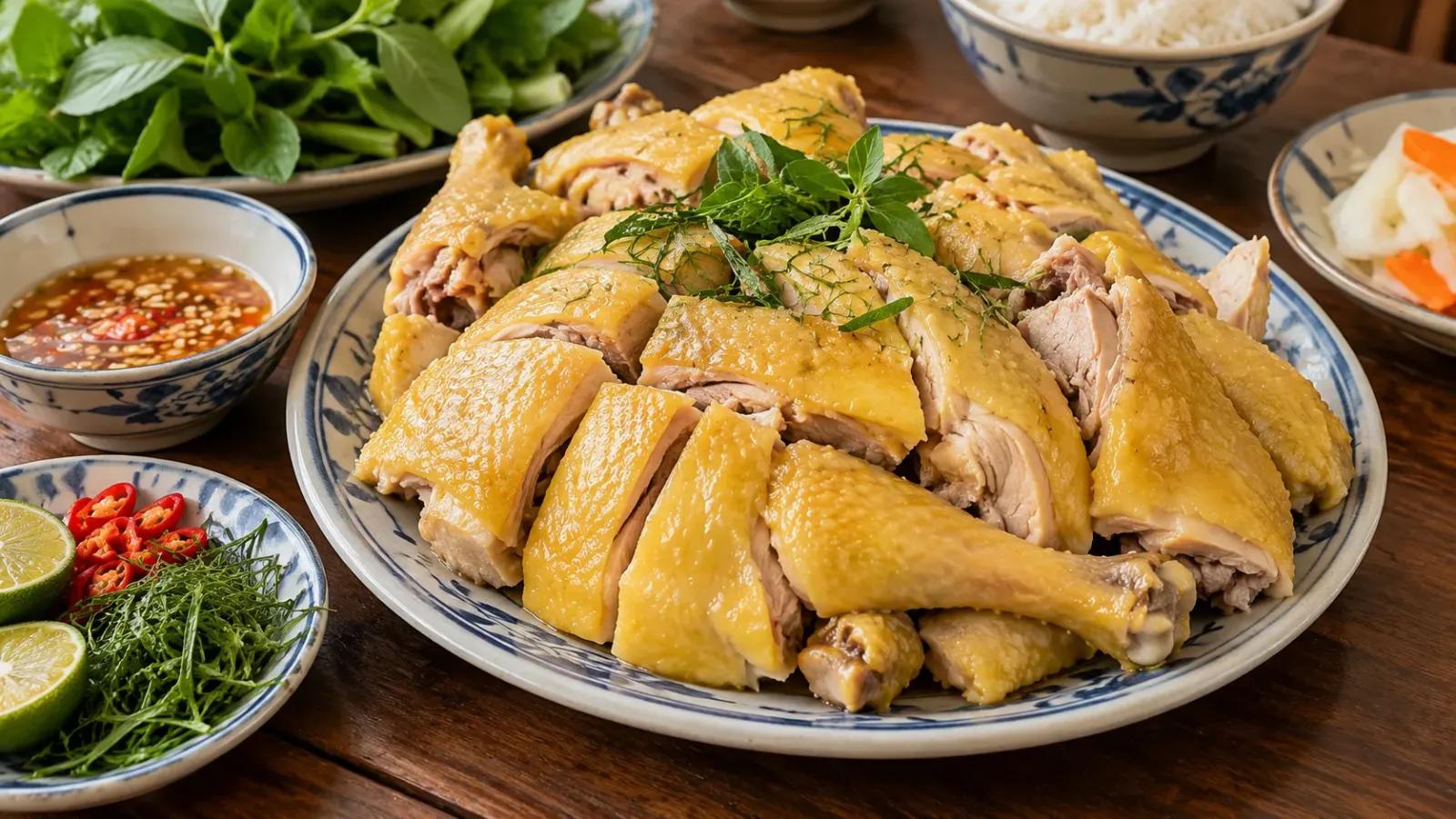Đĩa gà đồi Tiên Yên luộc với lớp da vàng và thịt gà chặt miếng