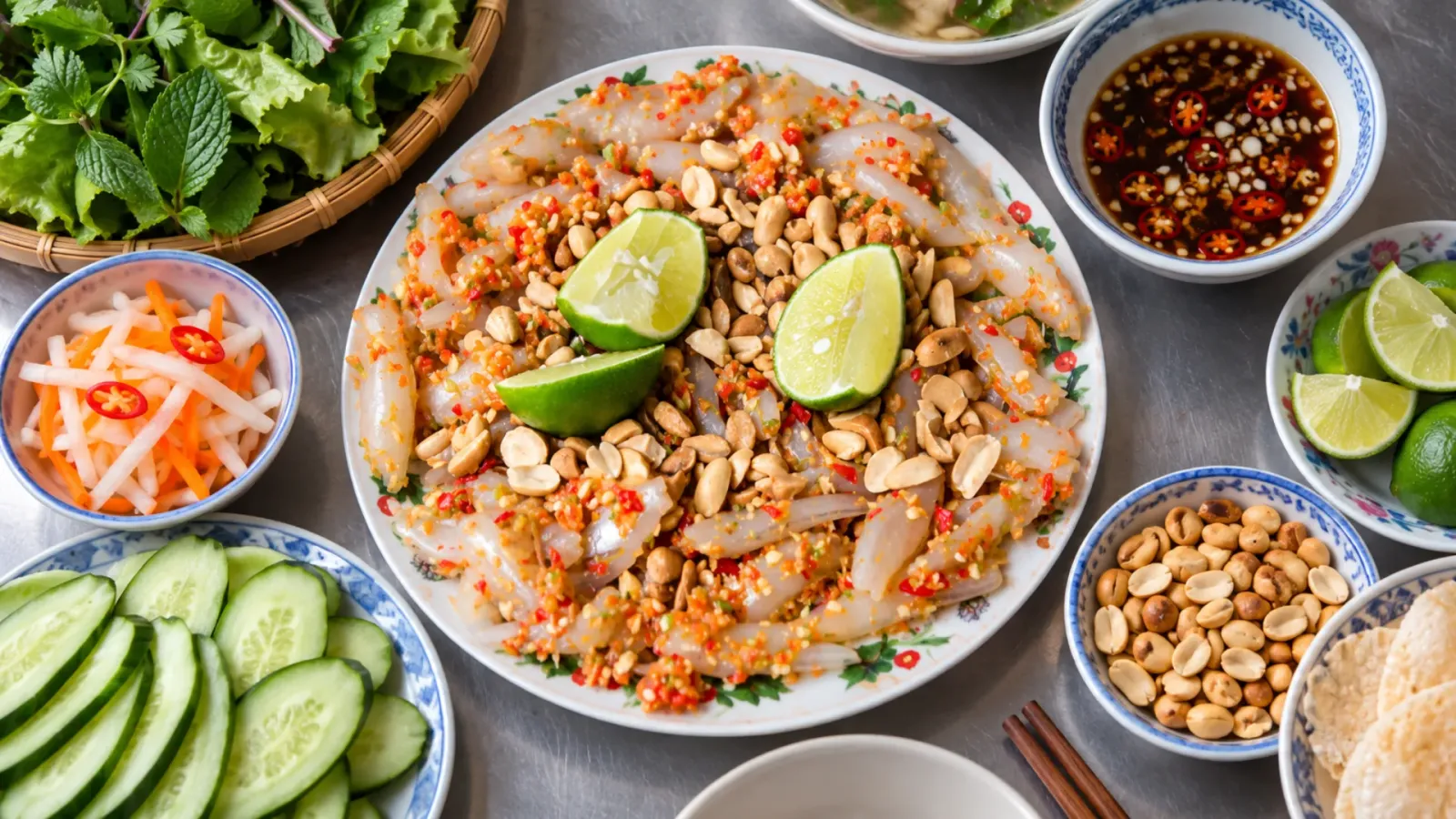 Đĩa gỏi cá mai ăn kèm rau sống, bánh tráng và nước chấm