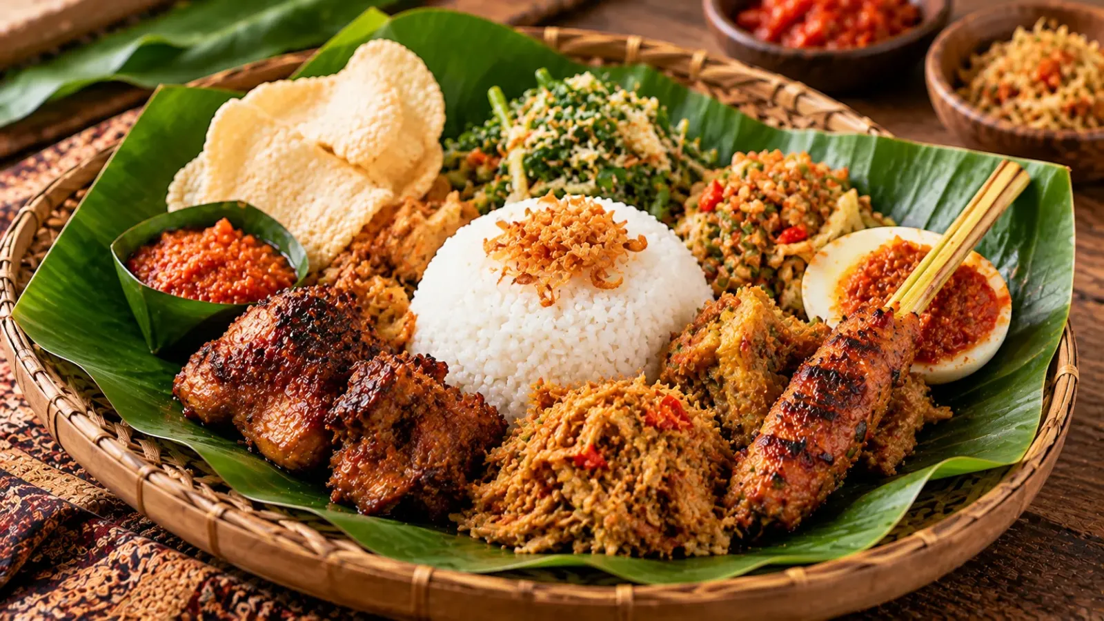 Đĩa Nasi Campur Bali gồm cơm trắng, thịt nướng, rau, sate và các phần thức ăn kèm