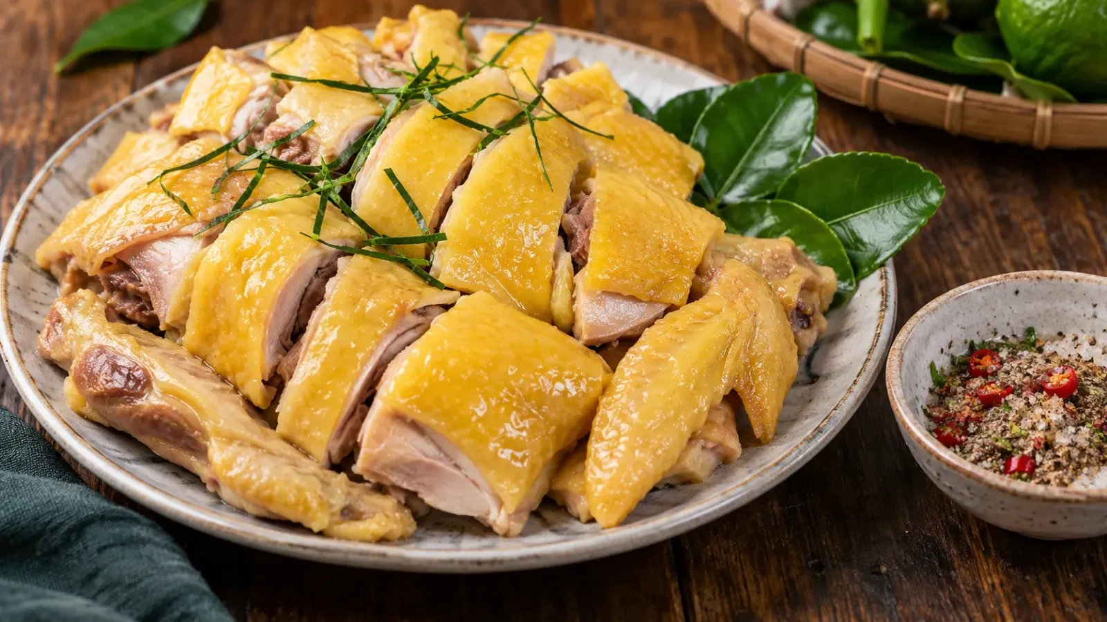 Đĩa thịt gà luộc chặt miếng với lớp da vàng, bày cùng lá chanh và gia vị chấm, minh họa cách thưởng thức gà đồi Yên Thế.