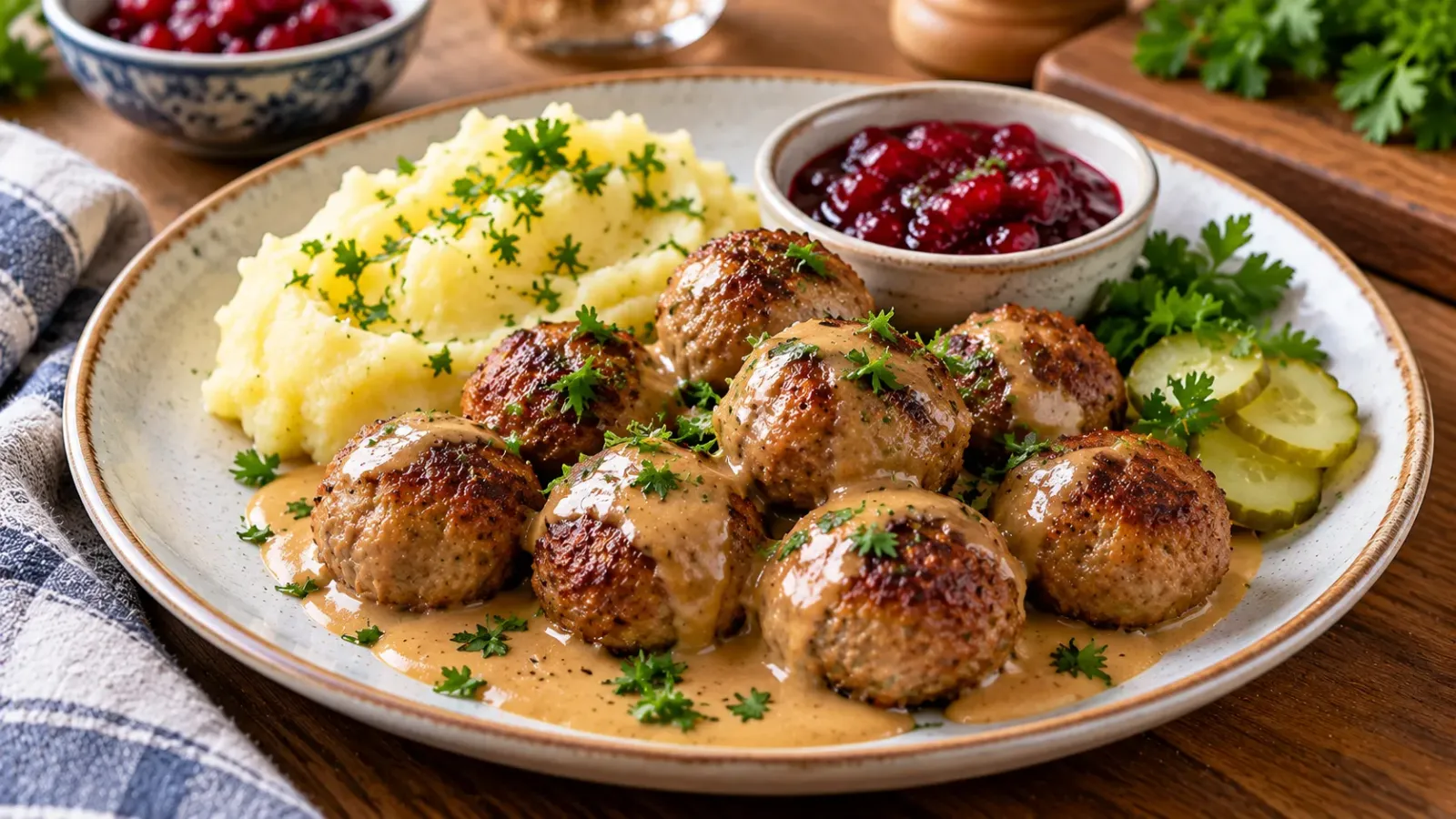 Đĩa thịt viên Köttbullar Thụy Điển phủ sốt kem nâu, dùng cùng khoai tây nghiền và mứt lingonberry.