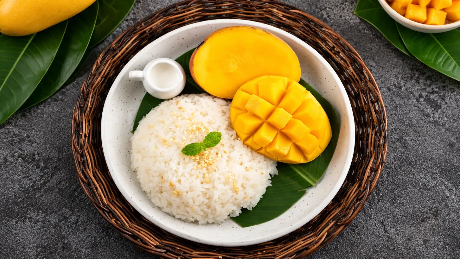 Đĩa xôi xoài Thái Lan với xoài chín vàng, xôi nếp trắng và chén nước cốt dừa