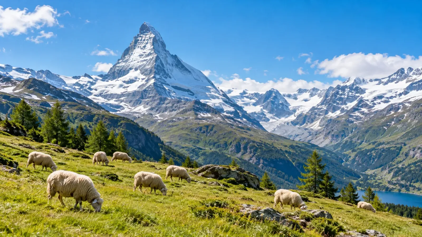 Đỉnh Matterhorn phủ tuyết nổi bật phía sau đồng cỏ núi Alps với đàn cừu đang gặm cỏ.
