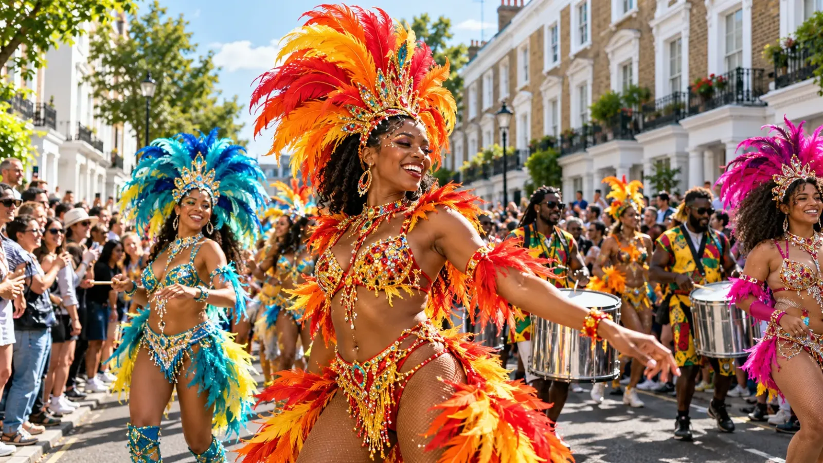 Đoàn diễu hành với trang phục nhiều màu sắc tại lễ hội Notting Hill Carnival ở London.