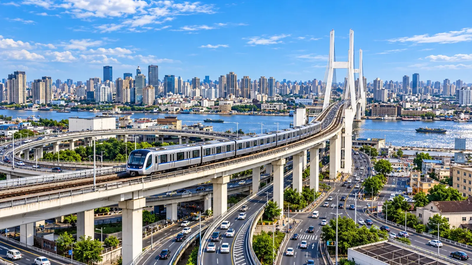 Đoàn tàu chạy trên đường ray trên cao bên cạnh đường ô tô trong đô thị