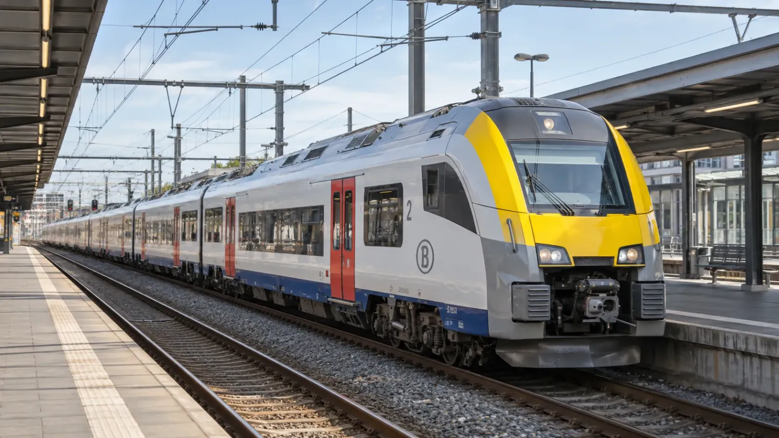 Đoàn tàu chở khách SNCB mang màu trắng, vàng và xanh tại một nhà ga đường sắt ở Bỉ.