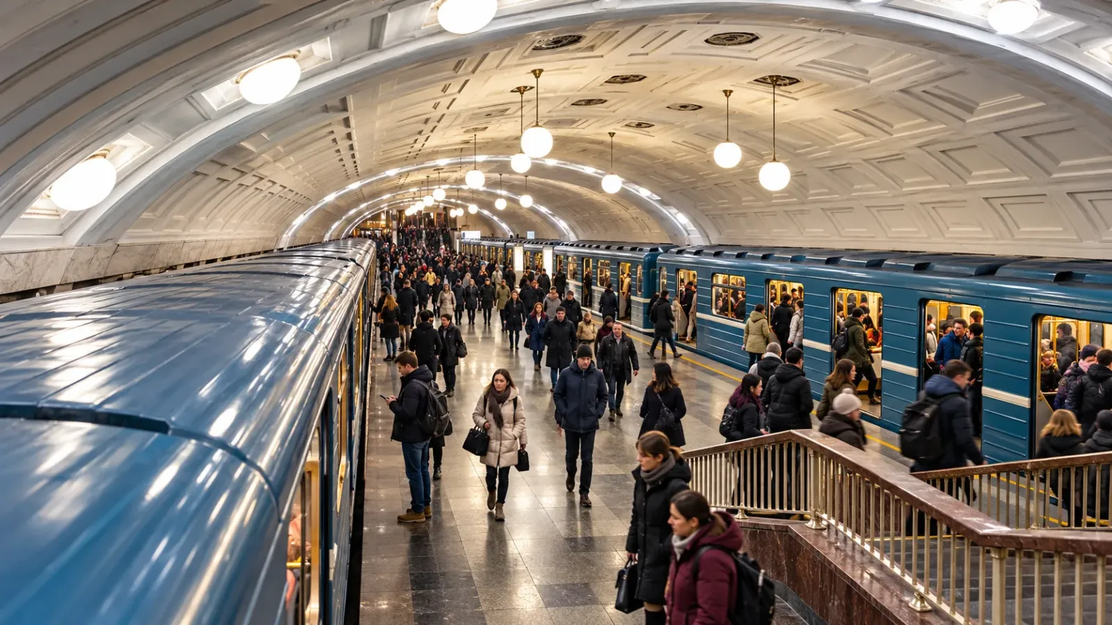 Đoàn tàu điện ngầm màu xanh tại một nhà ga thuộc hệ thống Metro Moscow ở Nga