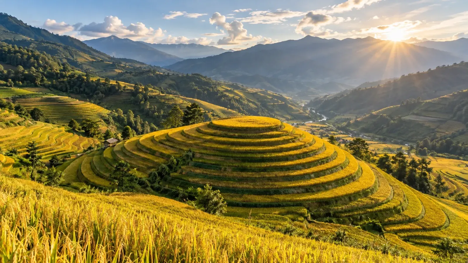 Đồi Mâm Xôi La Pán Tẩn với các tầng ruộng bậc thang uốn tròn phủ sắc vàng trong mùa lúa chín