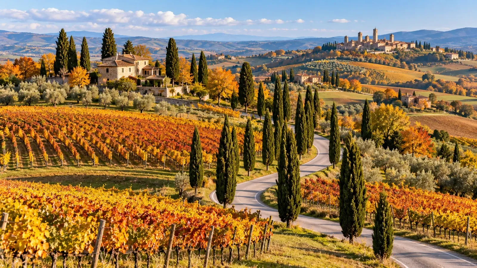 Đồi nho và con đường nông thôn vùng Tuscany nước Ý vào mùa thu với những hàng cây chuyển màu
