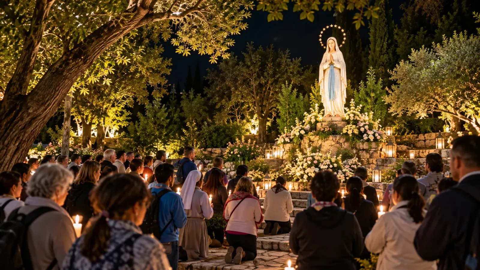 Đông đảo người hành hương tập trung trước tượng Đức Mẹ trong không gian cây xanh được thắp sáng vào buổi tối