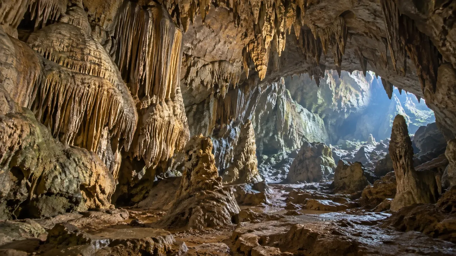 Không gian đá và nhũ đá bên trong Động Nả Phoòng